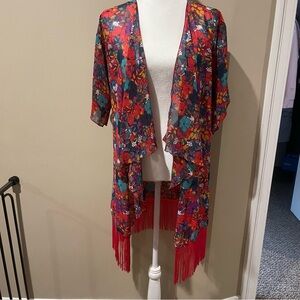 Floral Kimono Jacket with Fringe
